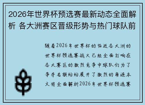2026年世界杯预选赛最新动态全面解析 各大洲赛区晋级形势与热门球队前景