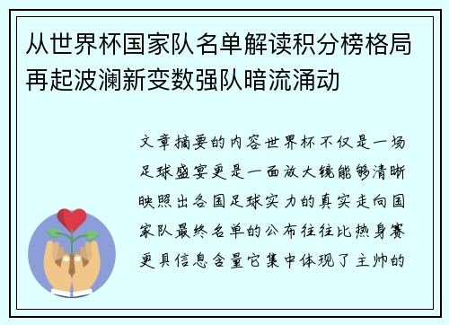 从世界杯国家队名单解读积分榜格局再起波澜新变数强队暗流涌动