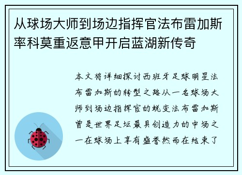 从球场大师到场边指挥官法布雷加斯率科莫重返意甲开启蓝湖新传奇
